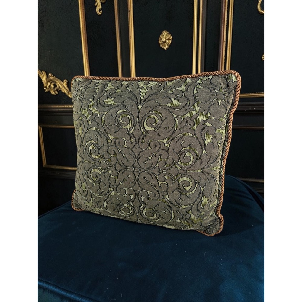 Vintage Damask Throw Pillow Green Tapestry English Manor Cottage Gothic Decor - Picture 2 of 7